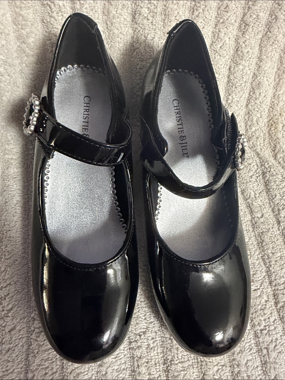 Christie & Jill Girls' Black Patent Mary Jane Dress Shoes with Rhinestone Buckle